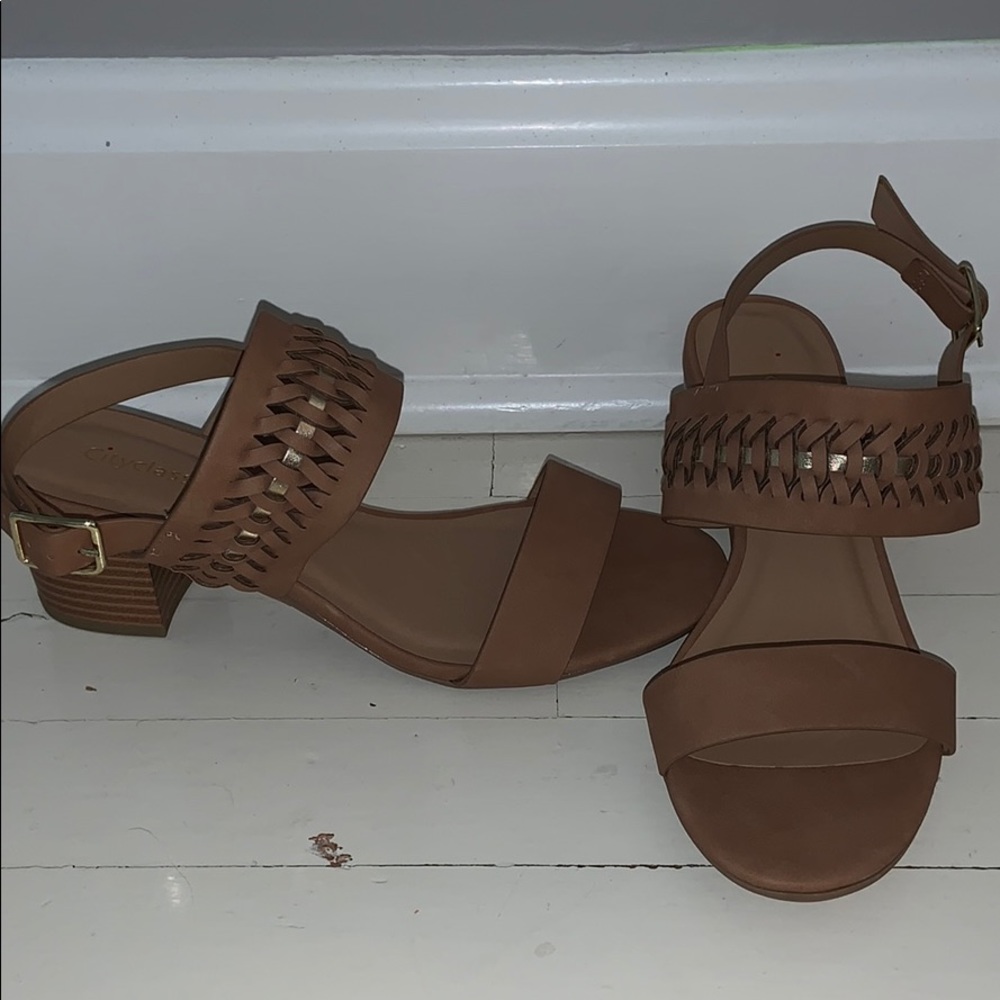 Tan and gold heels